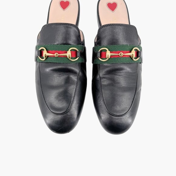 Gucci Princetown Horsebit Loafer Mule EU 38 US 8 Black Leather Flat Web Stripe - Picture 3 of 13